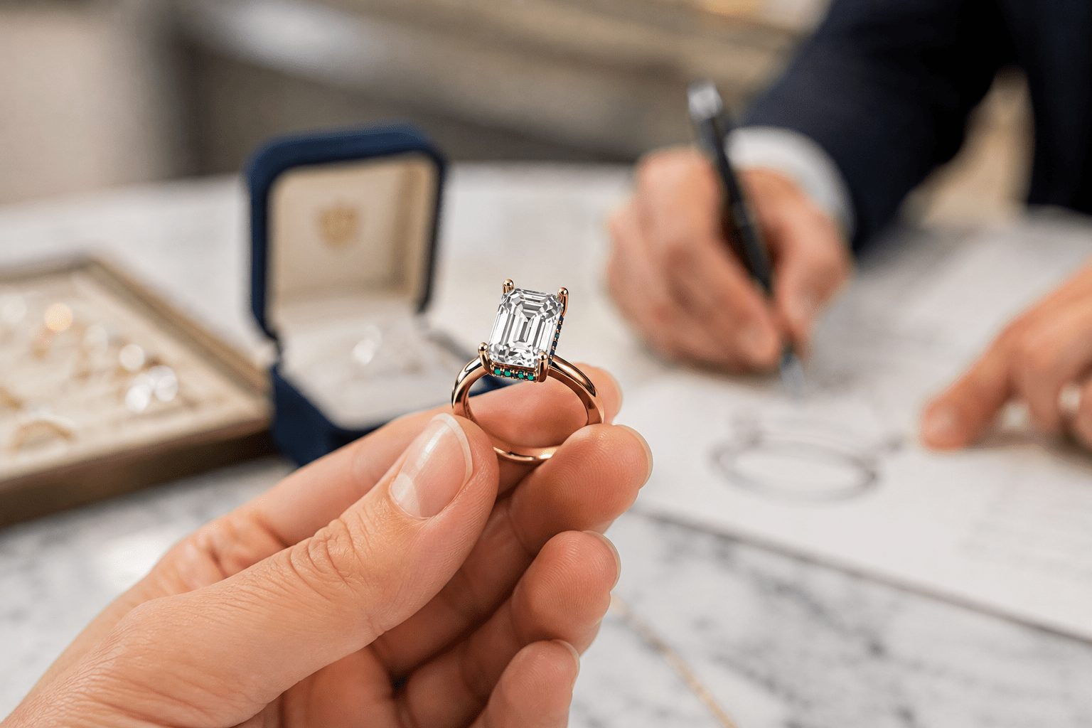 engagement ring, emerald shape, with jeweler in background. eler in background. 