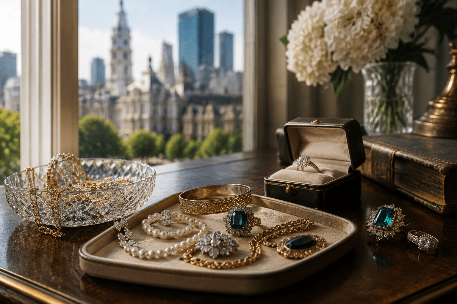 Estate jewelry including antique diamond rings, vintage necklaces, gold bracelets, and heirloom pieces displayed in a luxury Philadelphia jewelry showroom.