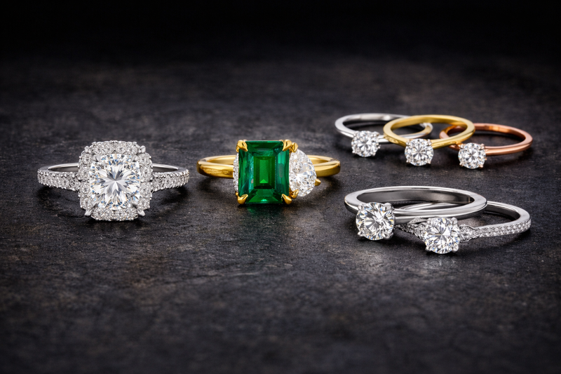 Collection of various diamond engagement rings on a dark surface