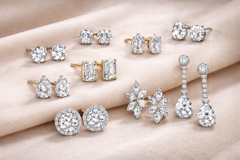 Collection of diamond earrings on a soft beige background