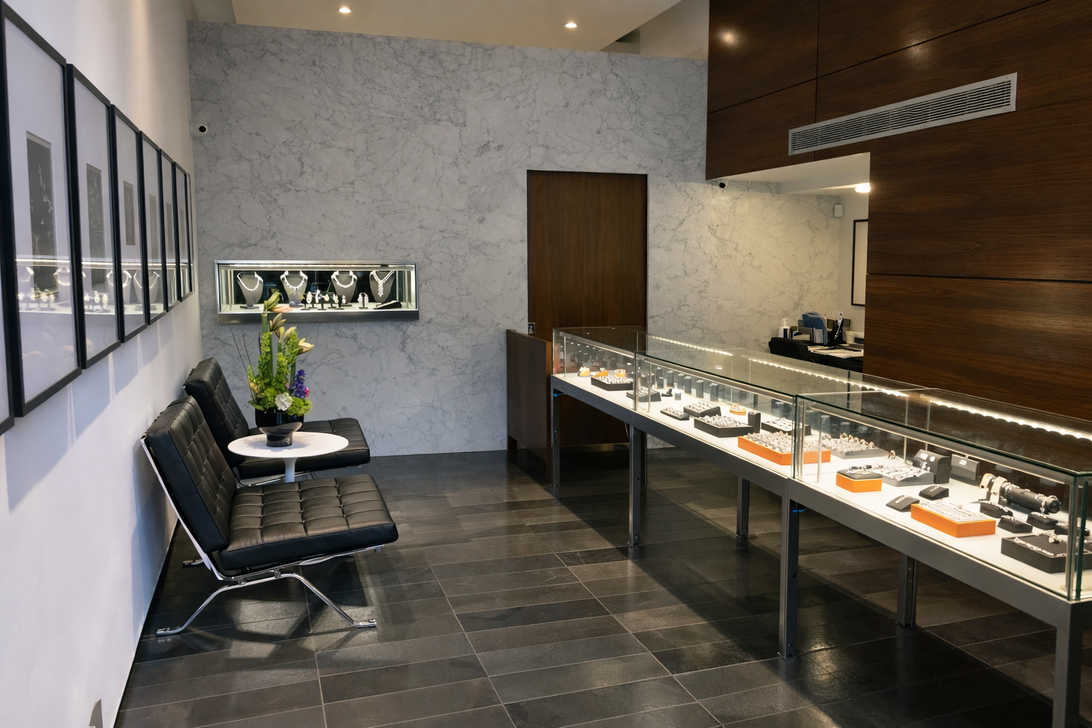 Modern interior look inside house of milner jeweler with a display case, seating area, and decorative elements.