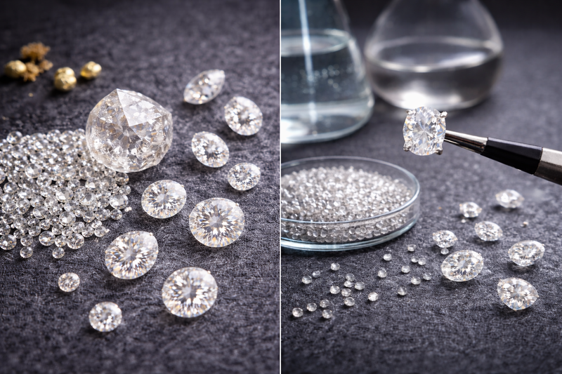 Lab grown Diamonds and real diamonds on a dark surface with a magnifying glass and dropper bottle.