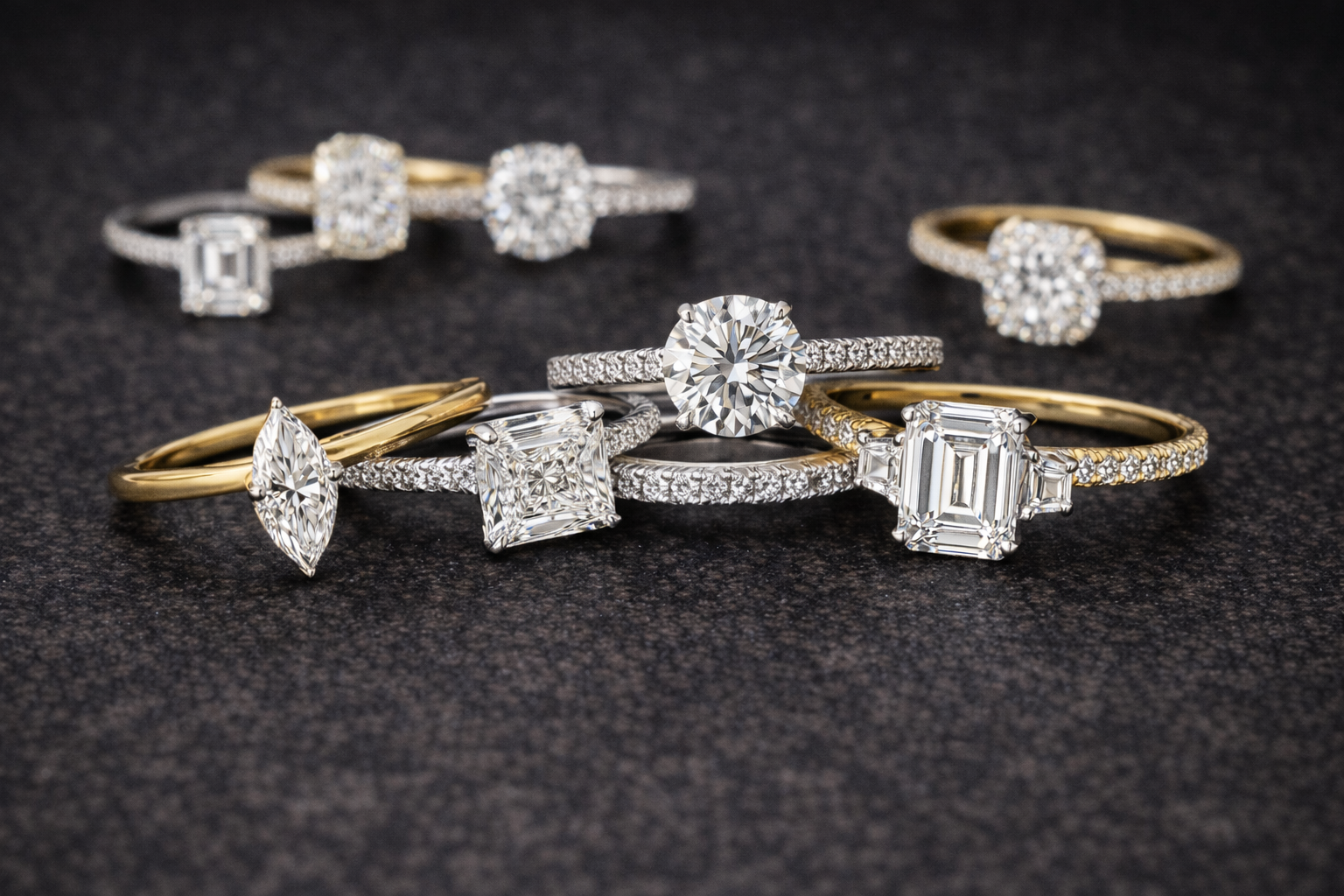 stacked wedding diamond engagement rings on a black counter showing an array of different ring types and styles